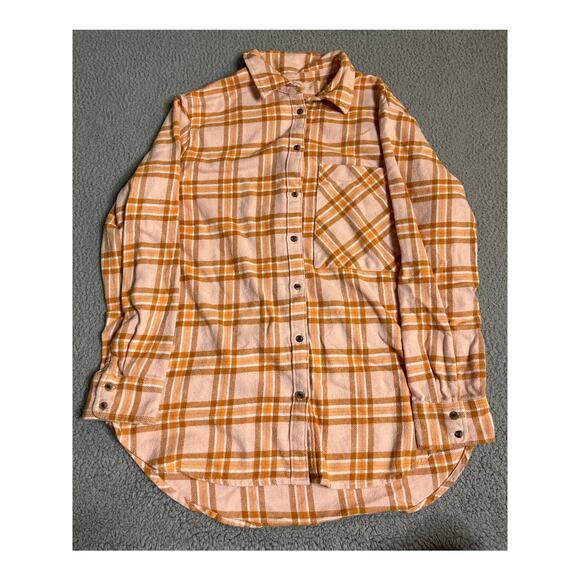 Aerie Button Top Small Fleece Long Sleeve Orange Plaid Warm Winter Western Shirt - Picture 1 of 11
